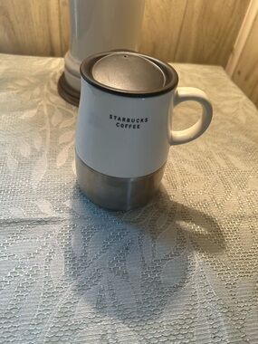 Starbucks White Ceramic Mug with Silver Stainless Steel Base and Black Lid 2004